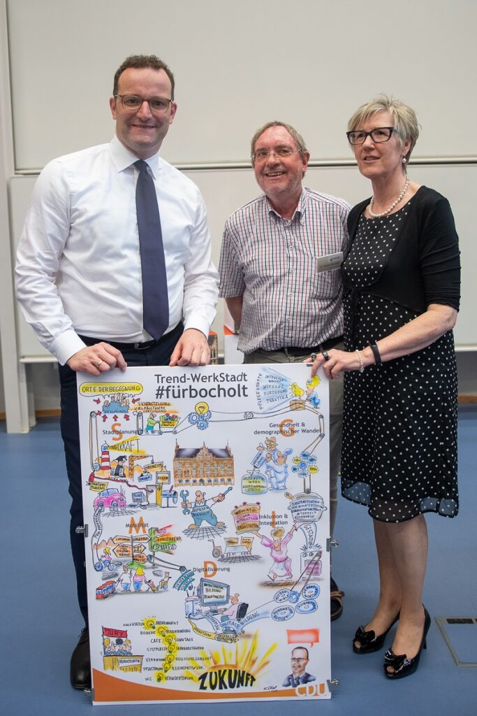 Jens Spahn (Bundesgesundheitsminister), Dr. Michael Adam (Ärztenetz BOHRIS e.V.) und Elisabeth Böing (Stadt Bocholt) © CDU Bocholt