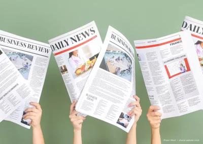 Vier Hände halten Tageszeitungen in die Luft, vor einem grünen Hintergrund. Mit den aktuellen Neuigkeiten des Ärztenetz BOHRIS.
