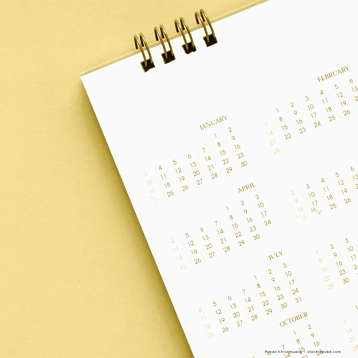 BOHRIS Kalender für Patienten und Ärzte Ein Jahreskalender vor einem gelben Hintergrund.