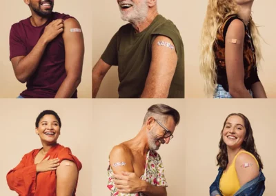 Menschen verschiedener Nationen werden lachend dargestellt. Auf ihrem Oberarm klebt ein Pflaster, nach einer erfolgten Impfung.